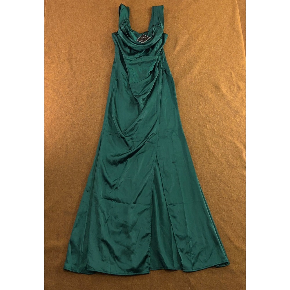 F&P Womens M Green Satin Cowl Neck Sleeveless Slit Maxi Gown Dress New *Flaw